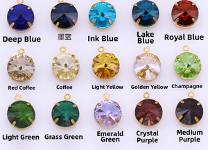 Detailed grid showing fifteen colors of round faceted crystal pendants in gold claw settings