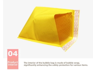 Detail of yellow kraft bubble mailer showing internal shockproof protective padding