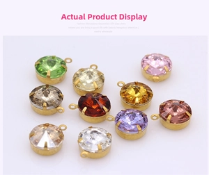 Macro shot of colorful faceted crystal rhinestones in gold claw settings for DIY jewelry
