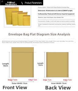 Detailed size chart for yellow kraft bubble mailers with inner and outer dimensions
