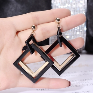 Retro geometric black acrylic drop earrings with gold square metal frames for women