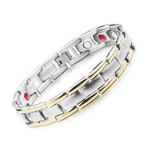 Detail of 12mm dual-tone magnetic therapy bracelet with polished stainless steel and gold plating