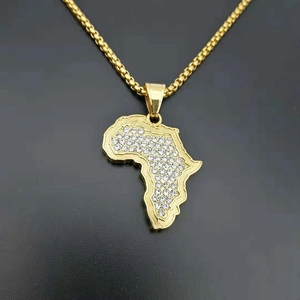 Hiphop gold plated stainless steel Africa map pendant necklace with sparkling rhinestones