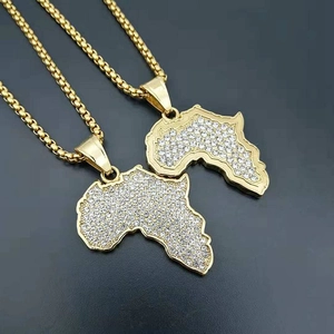 Africa Map Pendant Necklace Stainless Steel Gold Plated Iced Out Rhinestone Hip Hop Jewelry For Men Women