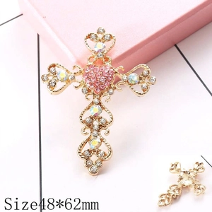 Golden cross brooch with pink heart rhinestone and colorful gems, size 48x62mm