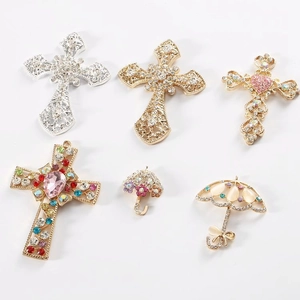 Set of crystal-encrusted metal charms with cross and umbrella designs for DIY jewelry