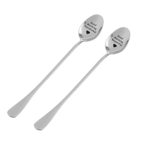 Pair of stainless steel coffee spoons with Good Morning Handsome and Beautiful engraving