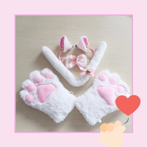 5-piece white and pink plush cat cosplay set with paw gloves and cat ears on wood background