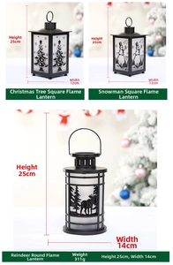 Detailed view of Christmas lanterns with dimensions showing reindeer and snowman motifs