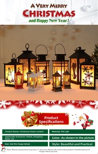 Close-up of PVC LED Christmas lanterns with snowman and elk silhouettes and warm light