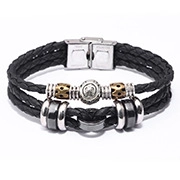 Detail view of woven leather bracelet with magnetic metal clasp and mixed beads