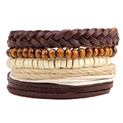Detailed view of layered woven leather bracelets with wooden beads and textile braided cords