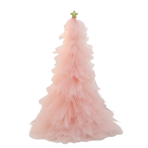 Pink tulle Christmas tree tabletop decor with a glittering gold star on top