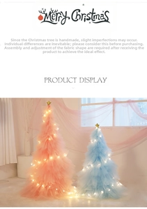 Detail of pink and blue tulle DIY Christmas trees with LED lights and gold star toppers