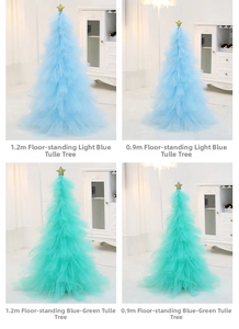 Detail showing 0.9m and 1.2m tulle Christmas trees in light blue and teal with gold stars
