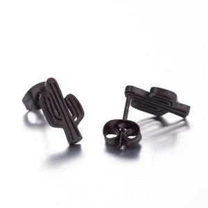 Detailed view of minimalist black cactus stud earrings with secure butterfly backings