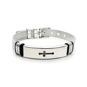Business style stainless steel mesh bracelet for men with silver cross engraved plate