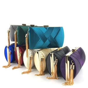 Elegant Women Evening Clutch Bag Satin Cross Pleated Design With Metal Tassel Pendant For Wedding Party Prom