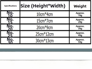 Size chart for mini Christmas trees showing height and weight specifications from 10cm to 30cm