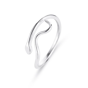 Polished minimalist silver snake-style open wave ring with a streamlined aesthetic design
