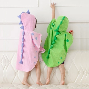 Kids dinosaur hooded cotton bathrobe in pink and green colors with 3D spine details