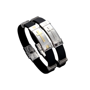 Black silicone cross bracelet with gold and silver stainless steel charms for men and couples
