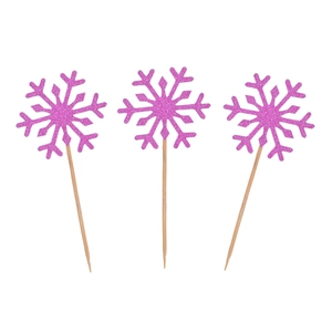 Pics à gâteau flocon de neige rose pailleté avec bâtons en bois pour décoration