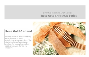 Detail of rose gold Christmas wreath with flocked PVC needles and decorative bow