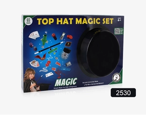 Front view of professional magic set packaging with black top hat and 65 magic props