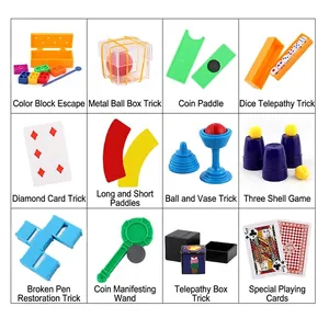 12-piece magician props set for kids and adults including magic cups, cards, and dice