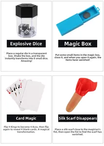 Detail of beginner magic kit including exploding dice, card tricks and disappearing scarf