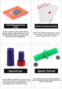 Detailed magic kit view featuring coin case, royal flush cards, and trick magic tubes