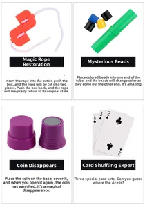 Detail view of magic kit components including rope cutter, color tubes, and cards