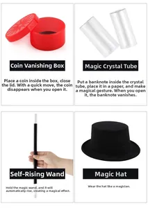 Detail view of magician set with top hat, rising wand, crystal tubes, and coin box