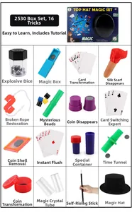 Detailed view of 16-piece magic trick set for kids including top hat and magic wand