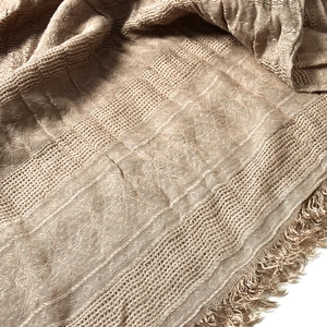 Khaki men's scarf with crinkle texture and fringe trim in British jacquard style