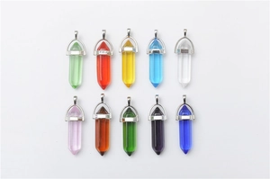Detailed collection of ten colorful hexagonal quartz crystal column pendants with silver loops