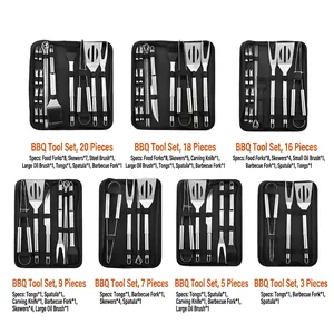 Portable stainless steel BBQ tool set in a black carrying bag for outdoor grilling