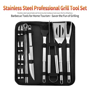 18-piece stainless steel BBQ grill tool set organized in a portable black storage bag