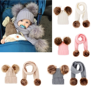 Multi-color baby winter knit hat and scarf set with dual faux fur pom-poms