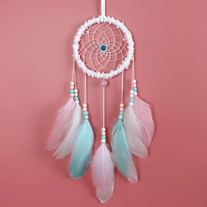 Detailed view of pink and teal feathers with beads on an Indian dream catcher