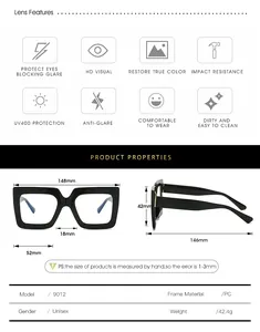 Detailed size guide for unisex square anti-blue light glasses with frame dimensions