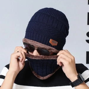 Navy blue men's winter knitted beanie hat and neck warmer set with thick fleece lining