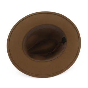 Detail shot of brown wool fedora hat showing internal lining and 65% cotton fabric label
