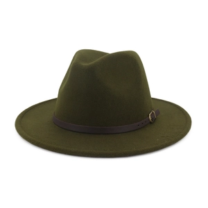 Classic dark green wool fedora hat with brown leather belt and golden metal buckle