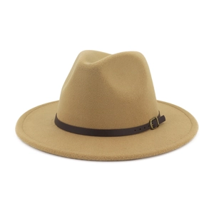 Detailed close-up of khaki wool fedora hat featuring a slim dark brown leather decorative band