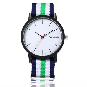 Detail of minimalist black watch face with colorful blue, white, and green nylon band