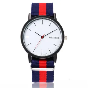 Nylon strap quartz watch with black case and red-blue striped NATO canvas band