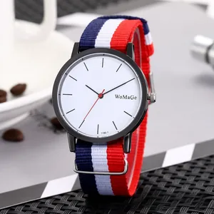 Detail shot of the minimalist white dial and red second hand on a striped NATO strap watch