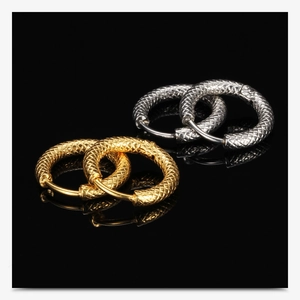 Detailed view of 3mm frosted snake texture on gold and silver stainless steel hoop earrings